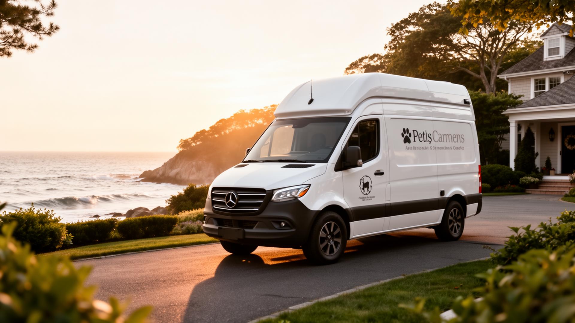 Clean Paws Mobile Spa van parked at a Connecticut shoreline home at golden hour